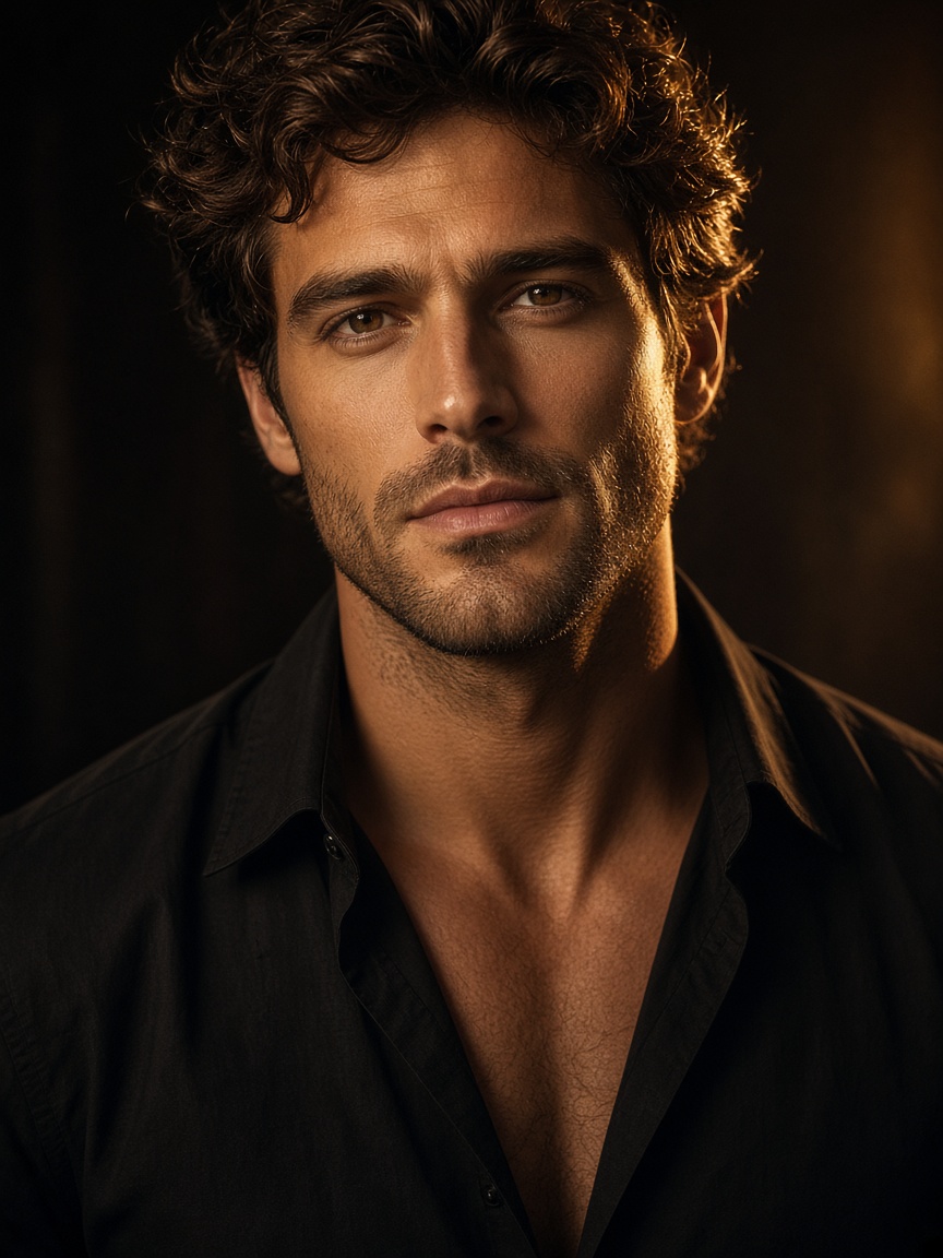 A man in low light, collar open