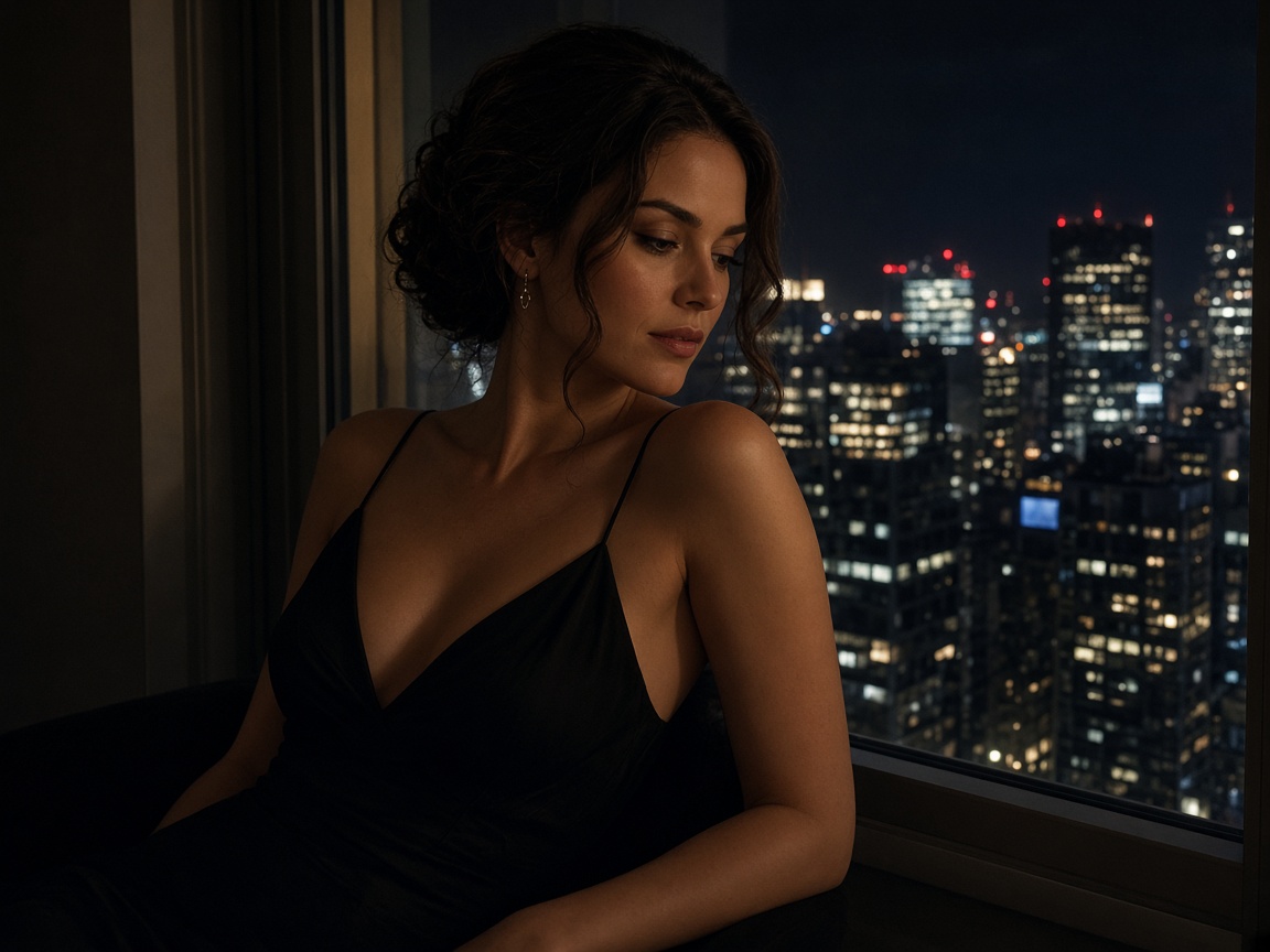 A woman in a black dress by a city window at night